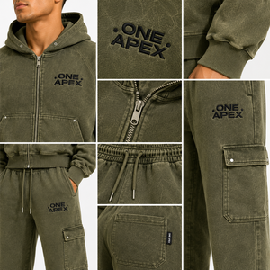 ชุดวอร์มวินเทจสีเขียวมะกอก ONE APEX แบบมีซิปสำหรับผู้ชาย ทรงโอเวอร์ไซส์ กางเกงขายาวทรงคาร์โก้ ผ้าฝ้ายพรีเมียมเนื้อนุ่มสำหรับฤดูหนาว - Product Image 6