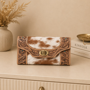 Handcrafted Tooled Leather Hair On Cowhide Clutch <b>Wallet</b> for Women Genuine Leather Western <b>Wallet</b> <b>Card</b> Holder Travel Organizer - Product Image 1