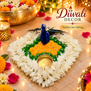 Porte-bougies design tendance en forme de paon Rangoli, faits main avec pompons et fleurs de jasmin, pour la maison, les mariages et Noël - Product Image 6