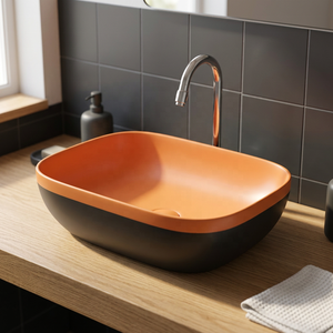 Lavabo de salle de bain moderne en céramique bleu ciel rond à poser sur comptoir, avec double trou pour robinet - Product Image 6