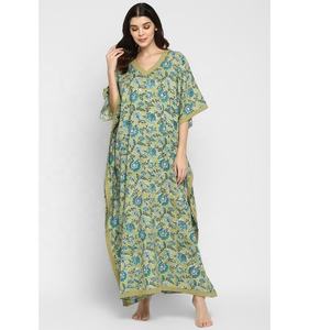 Impresionante vestido caftán verde oliva turquesa hasta el suelo algodón suave cintura Natural cuello en V bloque de mano estampado Floral ropa de salón - Product Image 1