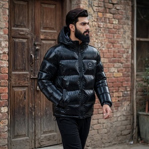 Blouson matelassé noir à capuche pour homme, en polyester/coton, coupe-vent, imperméable, rembourré, décontracté, pour l'hiver, avec logo brodé - Product Image 2