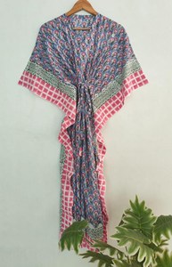 Vintage <b>Boho</b> Floral Block Print Kaftan <b>Dress</b> With Tie Back Loose Fit Short Sleeve Cotton <b>Summer</b> Long <b>Dress</b> - Product Image 1