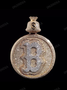 Pendentif de luxe pour homme en argent sterling plaqué or, avec logo personnalisé lettre B, motif sac d'argent hip-hop, serti de moissanite, bicolore - Product Image 2