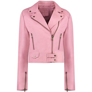 Blouson de motard en cuir véritable personnalisé pour femme, rose pâle, coupe courte, style motard unisexe, couleur unie, pour l'automne - Product Image 1