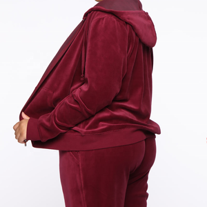 New Heavyweight Maroon Women Velour Hooded Zip Up Sweatshirt Jogger Pants Two Piece <b>Tracksuit</b> Set Workout Tall Girl Women Set - Product Image 2
