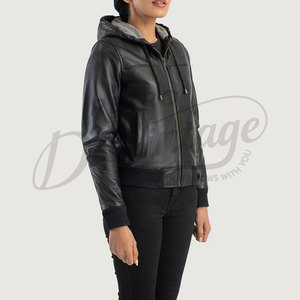 Premium Women Black Real Leather Hooded <b>Jacket</b> Slim Fit Soft <b>Sheepskin</b> Bomber <b>Jacket</b> With Drawstring Hood Casual Outerwear - Product Image 2