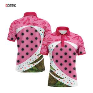 Polo à manches courtes rose Corex pour sublimation, imprimé papillon et étoiles, séchage rapide, en polyester, pour sport décontracté - Product Image 3