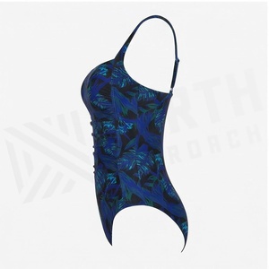 Women One Piece Swimsuit Square Neck Ruched Plant Print <b>Blue</b> Stretch Swimwear - Product Image 3
