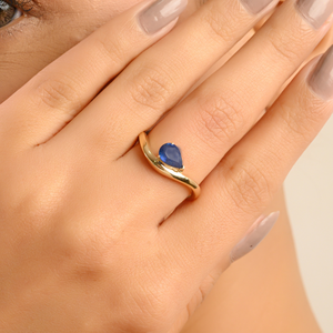 Anillo de Oro Amarillo Sólido de 14K con Zafiro Azul en Forma de Pera 100% Natural de Alta Calidad, Banda Ondulada Apilable, Joyería de Piedra de Nacimiento de Septiembre - Product Image 4