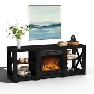 Mobiletto per Caminetto a Doppia Faccia Nero da 58 Pollici con Nucleo da 18 Pollici, 149x40x60cm, Supporto TV Indipendente - Product Image 1