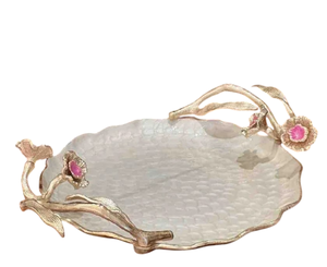 Luxuries Quality Gold & Green Oval Metal Serving <b>Tray</b> With Bamboo Handles <b>Snacks</b> Serving <b>Tray</b> Perfect For Home Hotel Or Weddings - Product Image 6