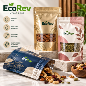 Sachets Mylar EcoRev Doypack refermables pour emballage alimentaire, motifs or, rose, bleu, BOPP/VMCPP, sérigraphiés, résistants à l'humidité - Product Image 1