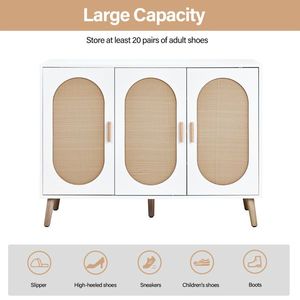 Moderno Armadio Verticale per Scarpe a 3 Ante con Struttura in Truciolato Bianco, Superficie in Legno Naturale e Rattan, Piedini Alti Dorati - Product Image 4
