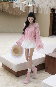 Coshe Rolly Top Mujer Elegante Blusa Femenina Verano Playa Look Layered Chiffon Ruffle Trim Cintura Natural Dulce PARA EL Diario - Product Image 4