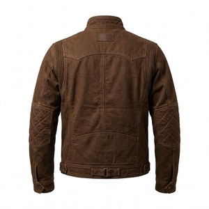 Vintage Waxed Canvas Biker Jacket Men Custom Asymmetric Zipper <b>Stand</b> Collar Quilted Elbow Motorcycle Outerwear <b>Coat</b> - Product Image 2