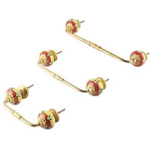 Poignée de meuble vintage en céramique jaune faite à la main avec motif floral rouge pour armoire, tiroir et porte – Vente en gros - Product Image 6