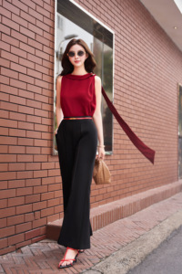 Women's <b>Red</b> Sleeveless <b>Scarf</b> Panel Blouse Metal Shoulder Detail Elegant Draped Top Polyester Spandex MIRVEN - Product Image 3