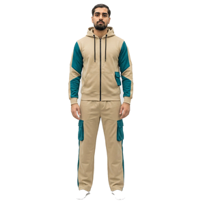 Survêtement réversible à capuche pour homme, beige et turquoise, blocs de couleur, écologique, épais, 100 % polyester, manches longues, fermeture à cordon - Product Image 1