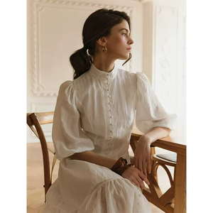 Vestido Midi Elegante de Verano Personalizable OEM para Mujer, Transpirable, Corte Imperio, Lindo, Estampado Sólido, Botones Bordados, Tela Lavable - Product Image 1
