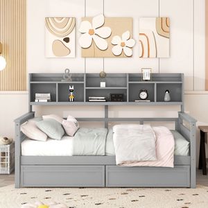 Divano letto Full-Size con doghe in legno supporto comodino due cassetti-colore grigio - Product Image 2