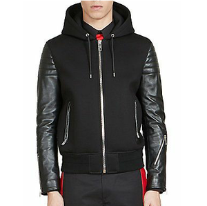 Men <b>Black</b> Hooded Zip-Up <b>Sweatshirt</b> With Leather Sleeves Slim Fit Windproof Fleece Terry Biker Leather Hoodie With Leather Sleeve - Product Image 4