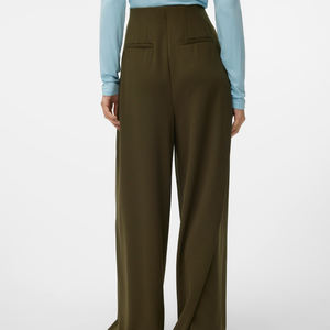 Pantalon long taille haute pour femme, coupe large évasée, en coton et lin, pour le bureau - Product Image 2