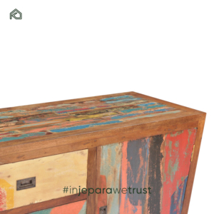 Meubles de cuisine anciens sur mesure en teck massif, faits à la main, écologiques et durables, ensemble de placards de rangement multicolores en bois de bateau ancien - Product Image 5