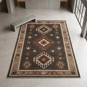 Tapis décoratif en laine noué à la main marron et beige, motif géométrique tribal traditionnel, pour salon, maison, hôtel - Product Image 6