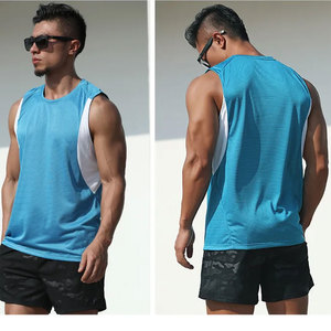 Camiseta sin mangas para hombre, color azul marino, cuello redondo, tejido de punto, transpirable, informal, con detalle de rayas en los hombros - Product Image 2