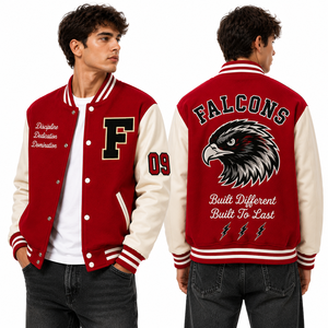 Chaqueta Varsity Color Crema Marino con Diseño Bordado de Halcones, Logos Delanteros y Traseros, Parches de Chenilla, Diseños de Ropa Deportiva al por Mayor - Product Image 3