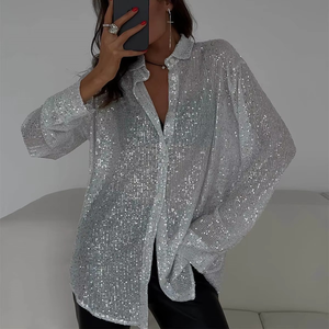 Camisa de lentejuelas brillantes para mujer, con botones, manga larga, blusa extragrande con brillo para fiesta, club, noche de fiesta - Product Image 1