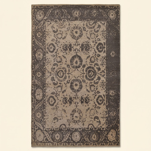 Tapis en laine taupe beige vieilli à motifs floraux, écologique, antidérapant, vintage, avec bordure, pour salon, chambre, hôtel - Product Image 1