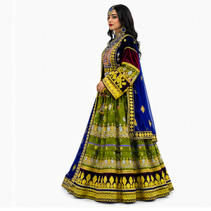 Lehenga Choli de seda verde con dupatta azul bordada, ropa de boda para mujer, largo hasta el suelo, vestidos indios afganos Kuchi. - Product Image 2