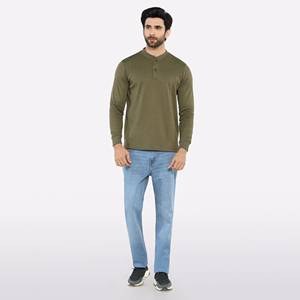 <b>Men</b> Olive <b>Green</b> Long Sleeve Henley <b>T</b>-<b>Shirt</b> Regular Fit Casual Knitted Cotton Breathable Solid Color Style - Product Image 2