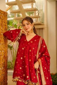 <b>Red</b> <b>Silk</b> Embroidered Salwar Kameez Set With Dupatta Floral Sequin Anarkali Outfit Traditional Dress for Wedding Party - Product Image 4