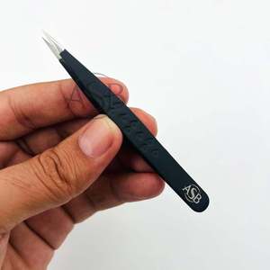 <b>Black</b> Matte Pointed Tip Tweezer With <b>Heart</b> At Handle Stainless Steel Beauty Instrument Customized Logo Printing - Product Image 1