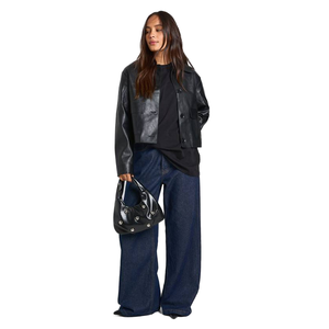 Chaqueta de Motociclista Básica de Piel de Vaca Negra para Mujer, Nueva Moda de Invierno, Tejida, Impermeable, Transpirable, con Cremallera - Product Image 1