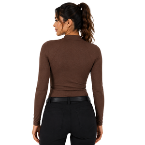 Womens Chocolate <b>Brown</b> Horse Riding Base Layer <b>Long</b> <b>Sleeve</b> Equestrian Training Shirt Quarter Zip Stretch Breathable Performance - Product Image 2