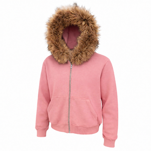 IOTA SPORTS Sudaderas con capucha de piel sintética rosa claro con cremallera, al por mayor, MOQ bajo, sudaderas con capucha con cremallera de hombro caído, elegantes y a la moda, personalizables - Product Image 1