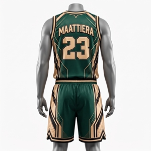 Ensemble d'uniformes de basketball MAATTIERRA personnalisés vert-beige, maillot sans manches à imprimé géométrique et short assorti, vente en gros de vêtements de sport pour équipes - Product Image 3