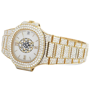Reloj de Lujo para Mujer, Personalizado, con Incrustaciones de Diamantes de Imitación en Oro Amarillo, Acero Inoxidable, Esfera Analógica, Números Romanos, Botón de Cuarzo Oculto - Product Image 4