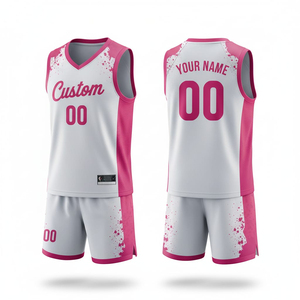 ชุดยูนิฟอร์มบาสเก็ตบอลแบบกำหนดเอง OEM ODM พิมพ์ลายแบบ Sublimation สีชมพูขาว สำหรับผู้ใหญ่ แบบไม่มีแขน แห้งเร็ว คอวี เสื้อทีม กางเกงขาสั้น - Product Image 3