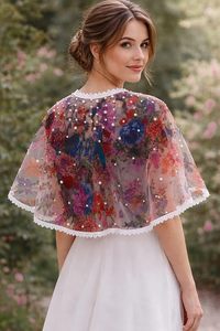 Cape transparente pour femme ornée de fleurs, bordure en dentelle perlée, imprimé multicolore, manches papillon - Product Image 3