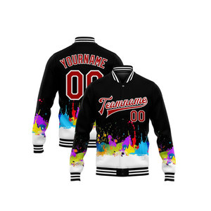 Chaqueta Varsity Negra Personalizada, Transpirable, con Bordado de Salpicaduras de Pintura Coloridas, Nombre y Número Personalizados para Hombre, Informal de Invierno - Product Image 1