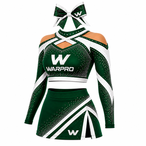 WARPRO Cheerleading Uniform Set Green White <b>Rhinestone</b> Sublimation Print Long Sleeve <b>Crop</b> <b>Top</b> Skirt Adult Women - Product Image 5
