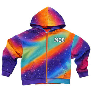 Sweat à capuche personnalisé tendance avec strass, 100 % coton, pour homme, zippé, tie-dye, épais, veste arc-en-ciel personnalisée avec strass - Product Image 6