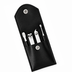 MANAN INSTRUMENTS Stainless Steel 4-Piece Classic Manicure Set Nail Clipper <b>Trimmer</b> Cuticle Pusher Nail File <b>Black</b> Leather - Product Image 2