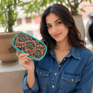 New Arrival Turquoise Color Leather Makeup Cosmetic Storage Box Stylish Hand Tooled Vanity Bathroom Organizer Zipper Fashion - Product Image 3