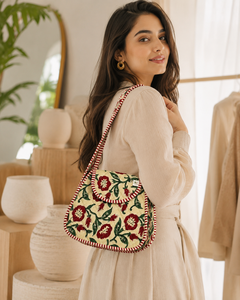 Petit sac à bandoulière en coton matelassé imprimé à la main, sac à rabat floral avec longue anse, 12x10 pouces - Product Image 3